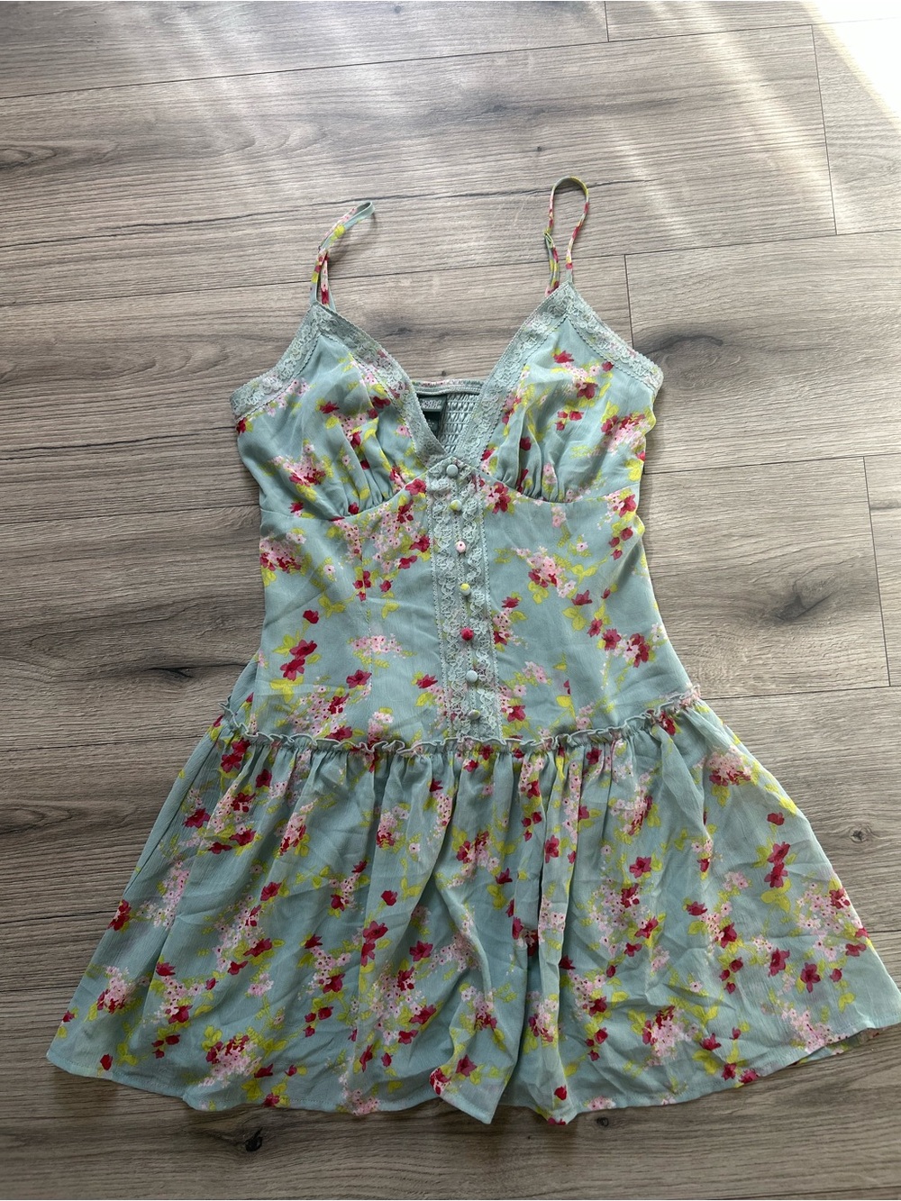 Baby Doll Light Sage Floral Spaghetti-Strap Mini Dress with Lace detail